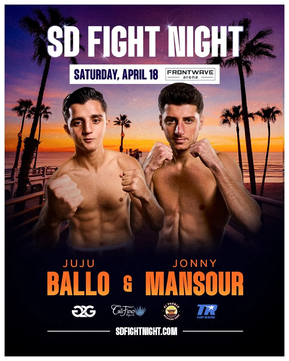 SD Fight Night poster — Juju Ballo & Jonny Mansour, Frontwave Arena, Saturday April 18